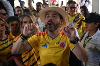 Colombia's presidential candidate for the Defensores de la Patria movement, Abelardo de la Espriella, speaks to the press at a polling station during the presidential election runoff in Barranquilla, Colombia, on June 21, 2026. Colombians head to the polls to pick a new president between a hard-right White House-backed lawyer and a leftist senator that will decide the fate of the country's stumbling peace process and strained ties with Washington. (Photo by Juan BARRETO / AFP)