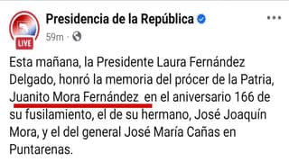 Presidencia se equivoca y publica homenaje a “Juanito Mora Fernández”