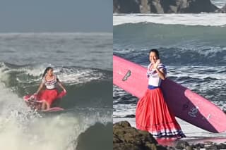 Tica surfeó vestida de campesina para celebrar la Independencia