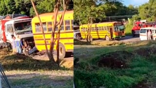 Colegial queda prensado en choque entre camión y bus
