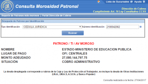 Deuda del MEP a la CCSS al 27 de abril del 2017.