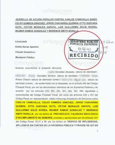 Denuncia penal presentada contra 8 funcionarios del Poder Ejecutivo, Legislativo y Judicial. Incluye al Presidente Solís. CRH.