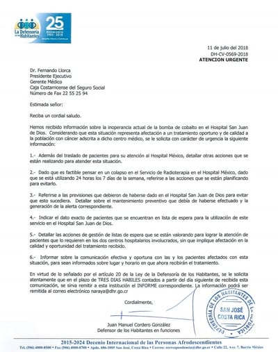 Carta enviada por la Defensoría.