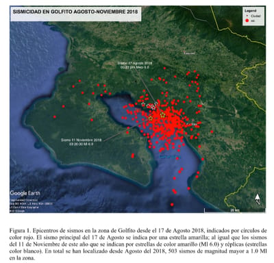 Imagen que detalla un enjambre sísmico ocurrido en la Zona Sur a finales de 2018. Tomada de Ovsicori
