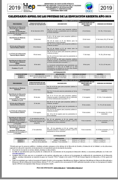 Calendario anual para pruebas de Bachillerato en Educación Abierta. (Imagen MEP)