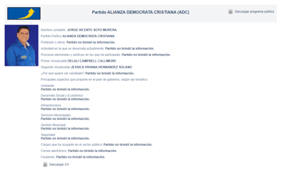En el sitio del TSE se informa que el partido no brindó la información. Además, ni el CV ni el programa político se pueden descargar. Este ejemplo es de una candidatura por el cantón Central de Limón (Captura TSE).