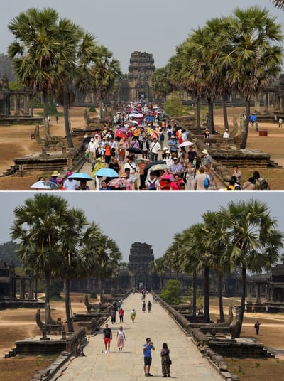 (En sitios históricos alrededor del mundo la visitación ha caído producto del temor al COVID-19, como lo muestra esta composición del templo de Angkor Wat en Camboya, con imágenes tomadas antes y después de la propagación de la enfermedad(Foto AFP)