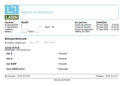 Este fue el resultado dela prueba por COVID-19 en un laboratorio privado.