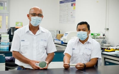 El Ing. Jaime Brenes muestra los hongos utilizados durante la investigación. El Dr. William Rivera (der), enseña el producto final. (Fotografía: Ruth Garita / TEC).