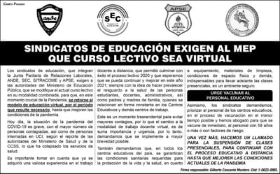 Petición de los sindicatos de Educación.