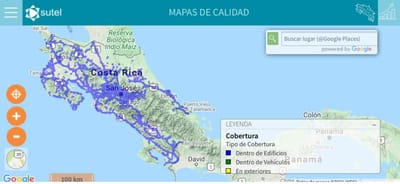 Mapa de cobertura de la red celular 2020. Foto: Sutel