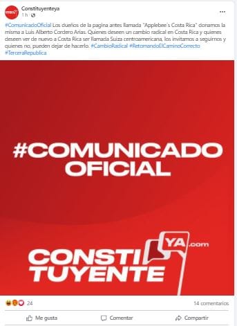 "Los dueños de la pagina antes llamada "Applebee´s Costa Rica" donamos la misma a Luis Alberto Cordero Arias. Quienes deseen un cambio radical en Costa Rica y quienes deseen ver de nuevo a Costa Rica ser llamada Suiza centroamericana, los invitamos a seguirnos y quienes no, pueden dejar de hacerlo", expresan en la publicación.