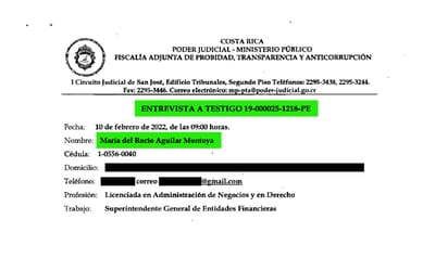 Acta de la Fiscalía Adjunta de Probidad, Transparencia y Anticorrupción (Fapta) en la que consta entrevista como testigo de Rocío Aguilar Montoya. (CRHoy.com)
