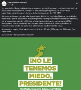 Este es el mensaje que la Juventud del PLN puso en sus redes sociales.