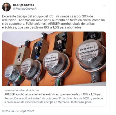 Rodrigo Chaves, presidente de la República, celebró en 2022 la rebaja tarifaria gracias a la metodología que hoy cuestiona. Captura de pantalla