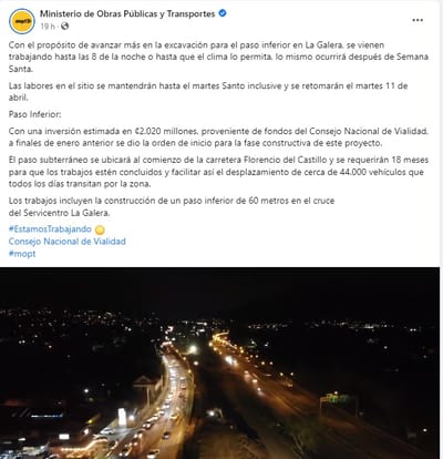 Publicación del MOPT sobre las obras en La Galera. Tomado de Facebook