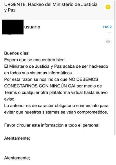 Mensaje remitido a Juzgados en San José durante la mañana de este viernes.