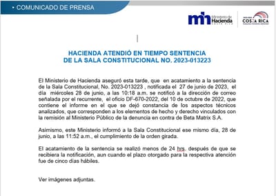 Comunicado de Hacienda con información falsa.
