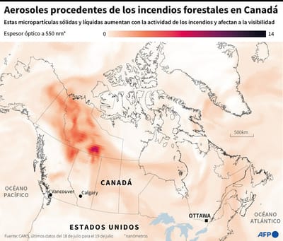 Mapa con la presencia total prevista para el 19 de julio en Canadá de aerosoles, micropartículas que aumentan con la actividad de los incendios – AFP / AFP / JULIA HAN JANICKI