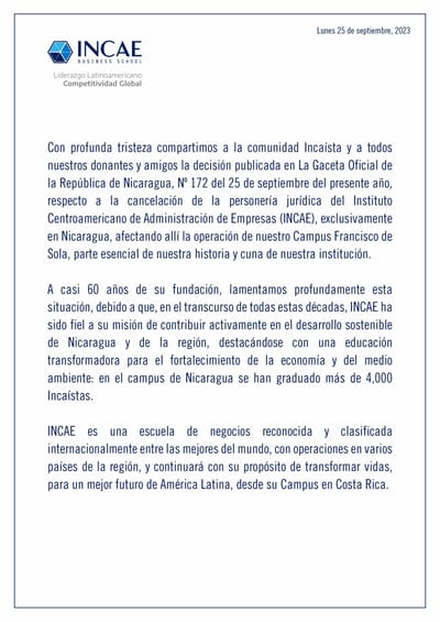 Mensaje de INCAE