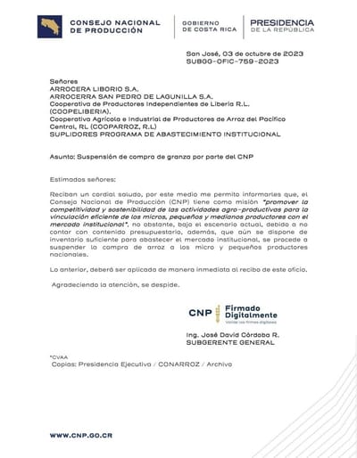 Esta es la carta enviada a los productores.