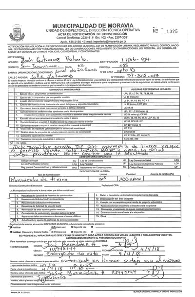 Notificación de la obra detenida.