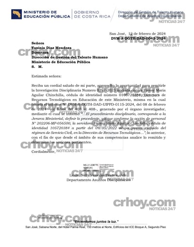 Carta del Departamento de Asuntos Disciplinarios