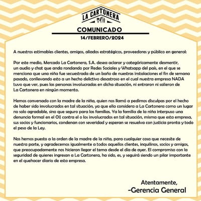 Comunicado publicado por Mercado La Cartonera en su perfil de Facebook.
