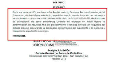 Douglas Soto, gerente general del BCR, rechazó la recusación el pasado 18 de enero de 2024. Captura de pantalla
