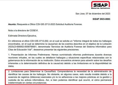 Carta enviada por la compañía a Cindy Coto, directora ejecutiva de Cosevi. Captura de pantalla/Sicop