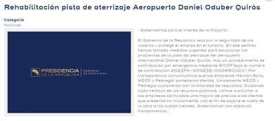 Comunicado de Presidencia donde se detalla que MECO y Pedregal cumplían los requisitos y se les convocaba a una mejora de precios. Captura de pantalla