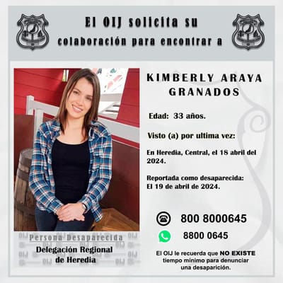 Organismo de Investigación Judicial (OIJ) pide ayuda a la población para encontrar a Kimberly Araya