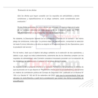 Copia del oficio en el que se valora la admisibilidad de las ofertas de Consorcio Applus y TÜV Rheinland Certio. CRH