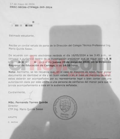 Convocatoria del MEP para entrevistar a los estudiantes ante el caso investigado.