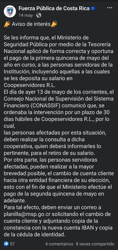 Mensaje publicado en el facebook de Fuerza Pública