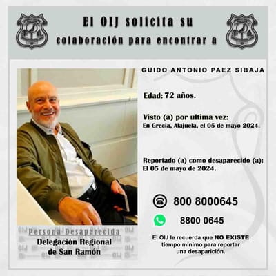 Organismo de Investigación Judicial solicita su colaboración para encontrar a don Guido