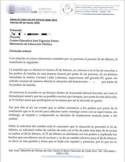 Respuesta de directora a profesora.