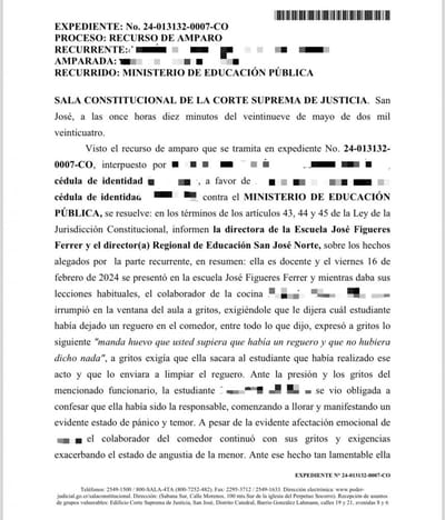 Notificación de Sala IV por caso de niña aparentemente agredida verbalmente por cocinero.