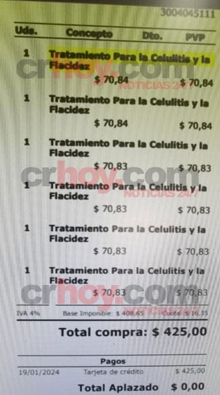 Factura cobrada por una directora tras recibir tratamientos estéticos. CRH