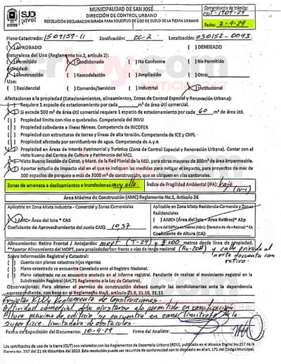 Uso de suelo otorgado por la Municipalidad de San José y presentado en la oferta adjudicada. Sicop