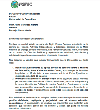 Carta de los estudiantes emitida a la UCR.