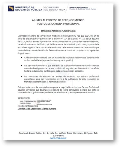 Comunicado del MEP sobre el ajuste al proceso de reconocimiento de puntos de carrera profesional.