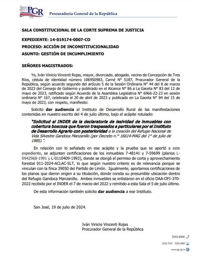 Nota enviada por la PGR a la Sala Constitucional