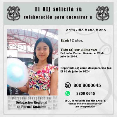 OIJ solicita colaboración de la ciudadanía para encontrar a Anyelina Mena Mora