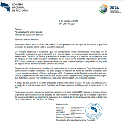 Carta remitida por los rectores a ministra de Educación, Anna Katharina Müller.