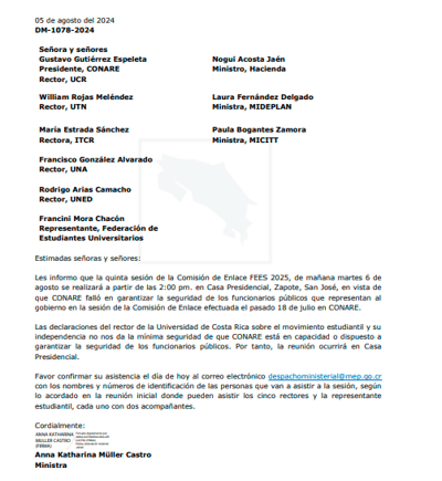 Convocatoria a quinta sesión del FEES que remitió la Ministra de Educación a los integrantes de la Comisión de Enlace.