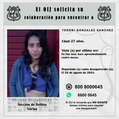 OIJ solicita su colaboración para hallar a Yendri González Sánchez, joven de 27 años