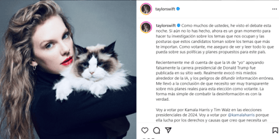 Taylor Swift da su apoyo a Kamala Harris