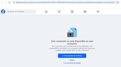 Captura de pantalla que confirma que el video fue borrado. Facebook