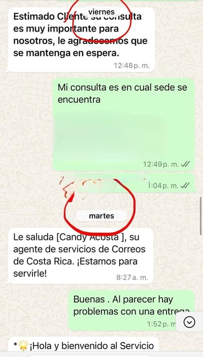 Captura de pantalla con chat de Correos de Costa Rica. Los datos fueron borrados por protección de la persona